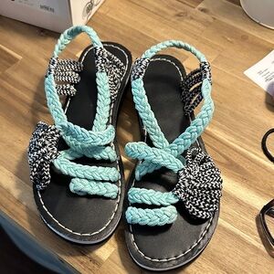 Braided Sandals with Black and Teal Straps